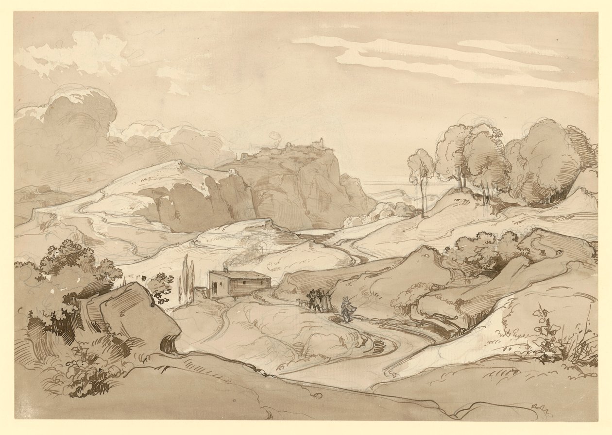 Italiaans landschap met rotsachtige heuvels en bomen, een hut en staffagefiguren langs de weg door Ernst Fries