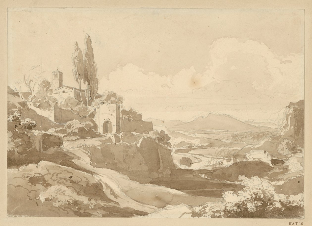 Landschap in het Albanengebergte; op de heuvel links een poort en een kerk door Ernst Fries
