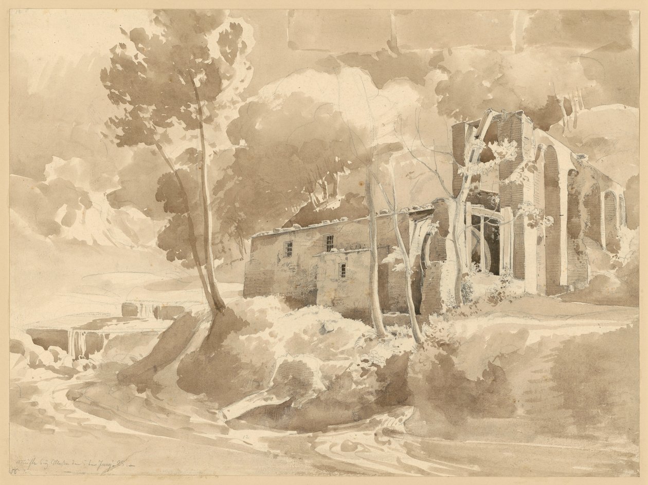 Landschap met rivier en aquaduct met molen bij Massa door Ernst Fries