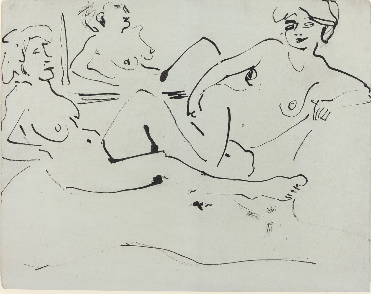 Dodo en een oudere vrouw liggend voor een spiegel, 1909 door Ernst Ludwig Kirchner