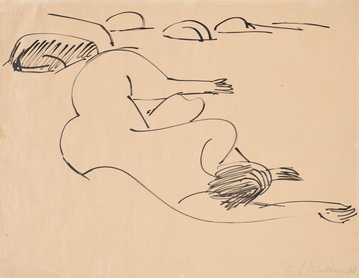 Erna Liggend op het Strand tussen Rotsen door Ernst Ludwig Kirchner