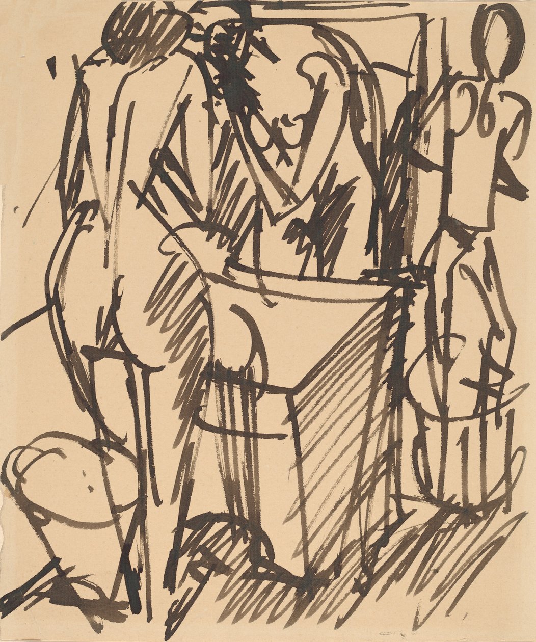 Naakt met een spiegel, staand voor een wastafel door Ernst Ludwig Kirchner