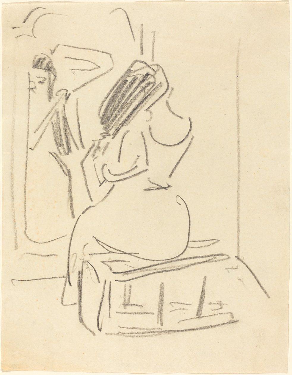 Een vrouw die haar haar kamt voor een spiegel door Ernst Ludwig Kirchner