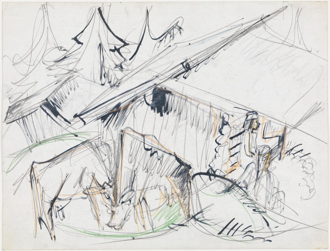 Alpenhut met koeien (Stafelalp) door Ernst Ludwig Kirchner
