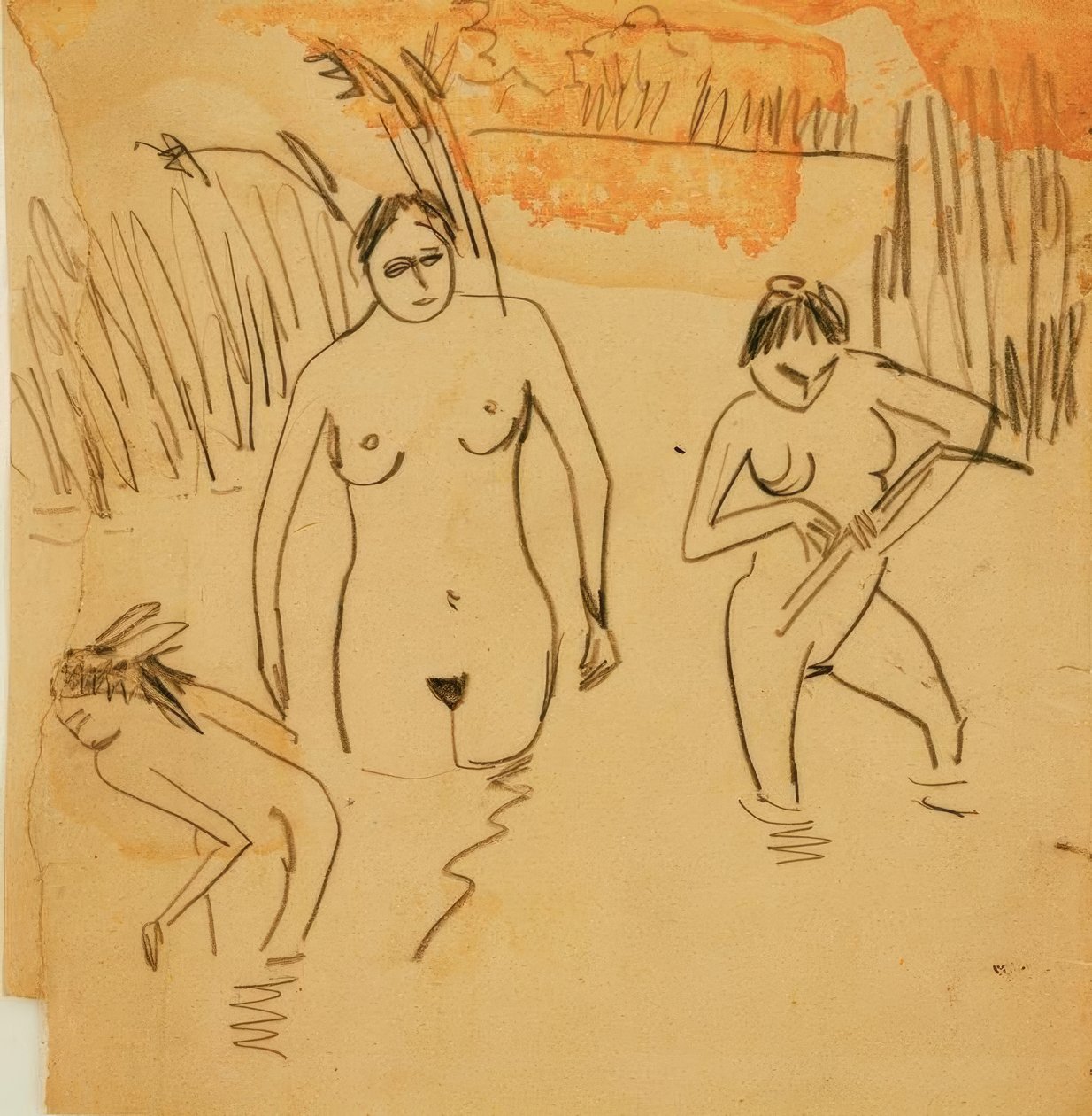 Baden bij de Moritzburger Vijvers (links Fränzi) door Ernst Ludwig Kirchner
