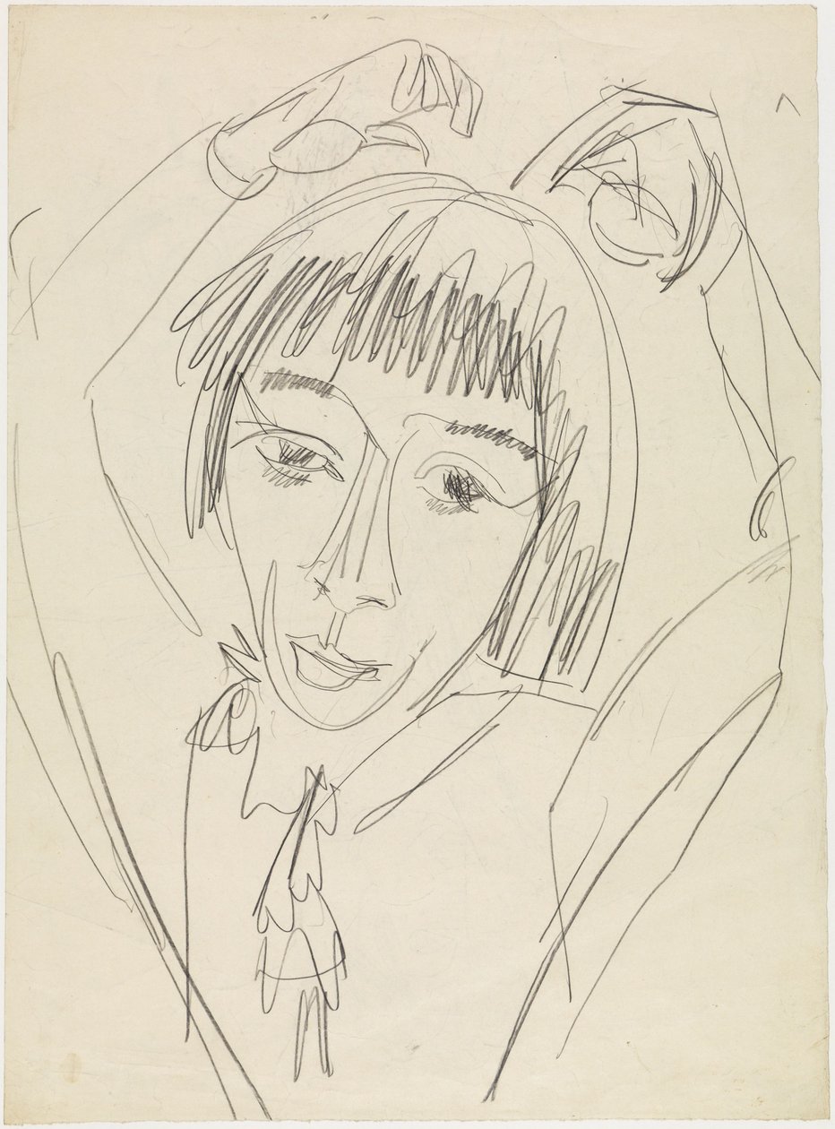 Borstbeeld van Gerda met opgeheven armen door Ernst Ludwig Kirchner