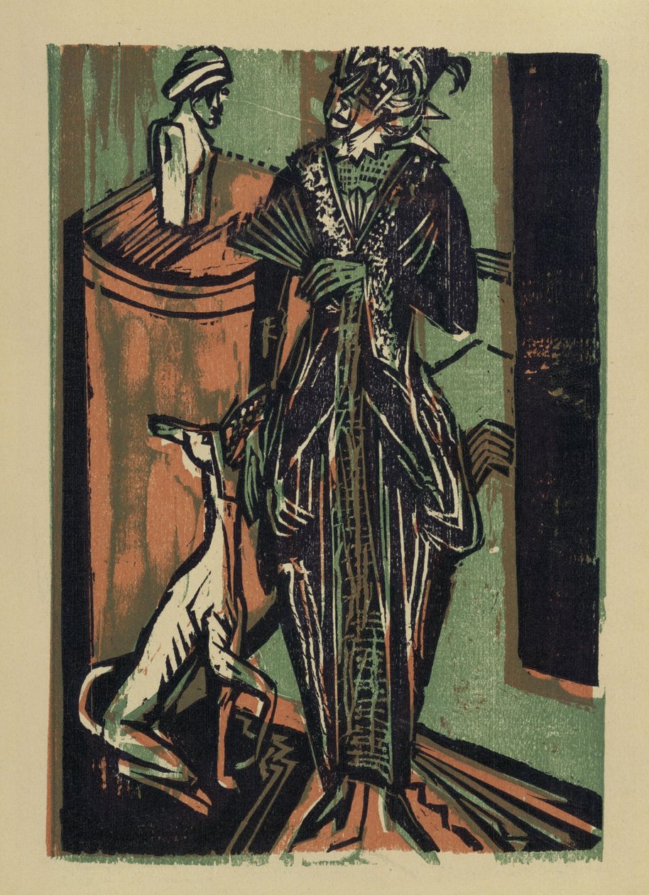 Dame met hond. Uit: Catalogus van de tentoonstelling van kleding uit het borduuratelier van mevrouw Eucken in Bremen door Ernst Ludwig Kirchner