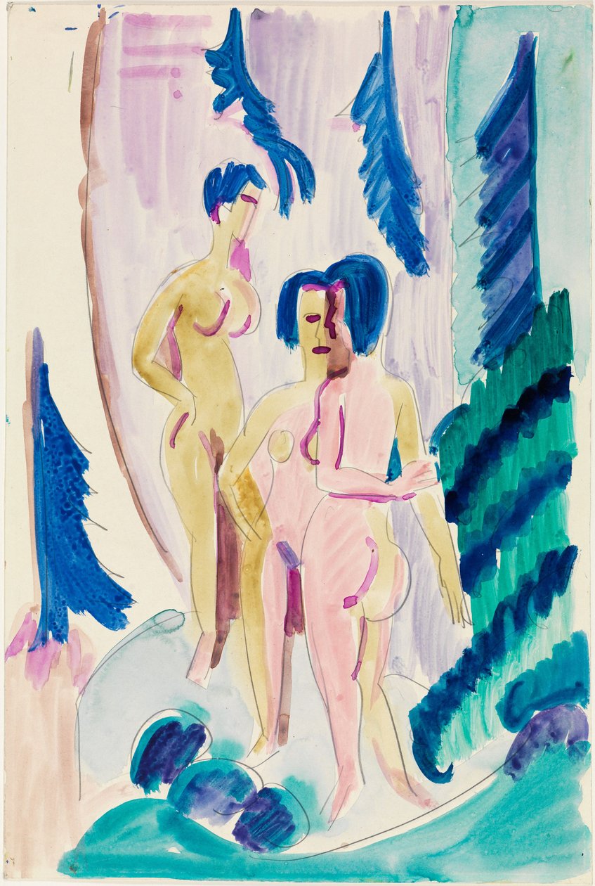 Drie bedrijven in het bergbos door Ernst Ludwig Kirchner