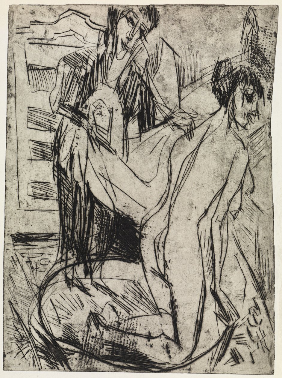 Drie figuren / Een vrouw droogt een badende af door Ernst Ludwig Kirchner