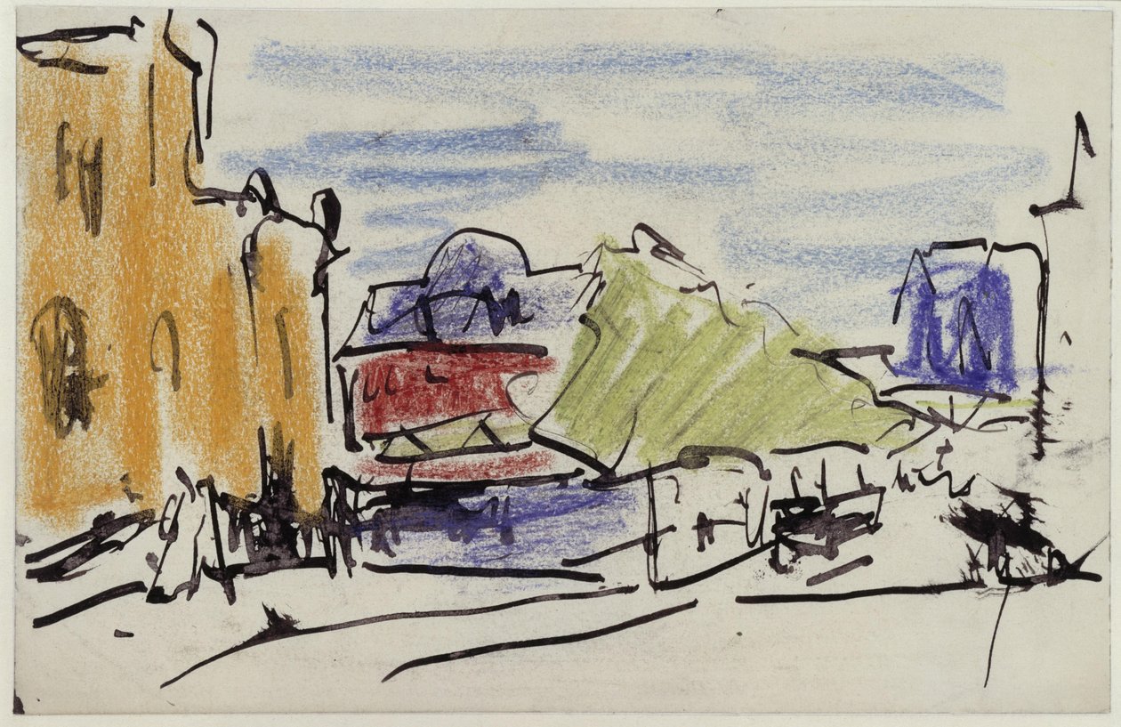 Rivierlandschap met huizen en voetgangersbrug door Ernst Ludwig Kirchner