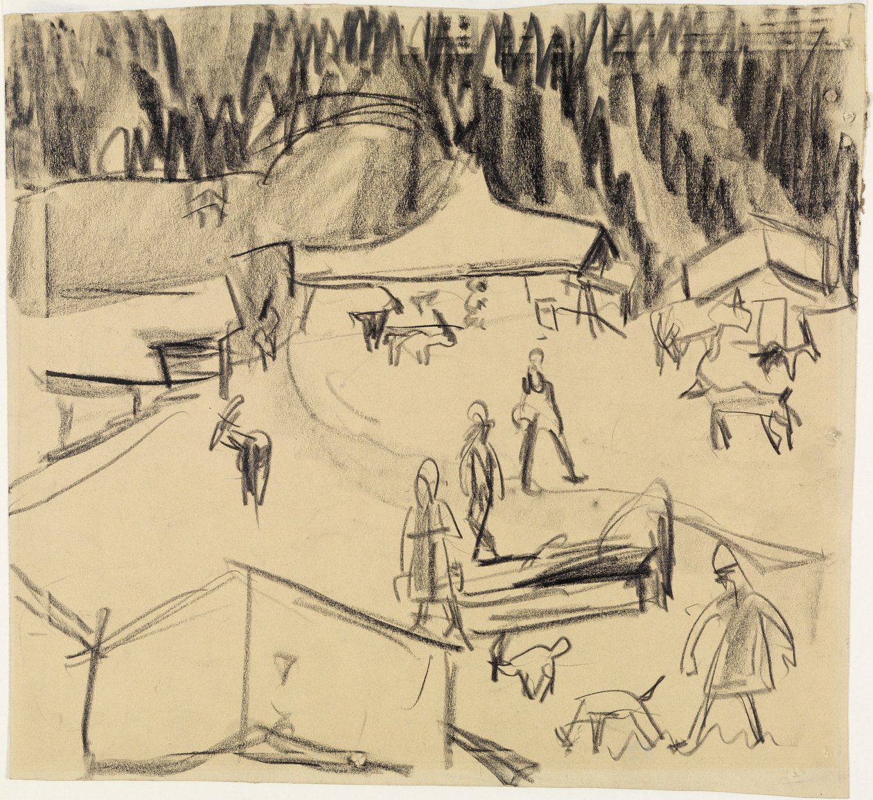 Bergdorp (Staffelalp) met herders en geiten door Ernst Ludwig Kirchner