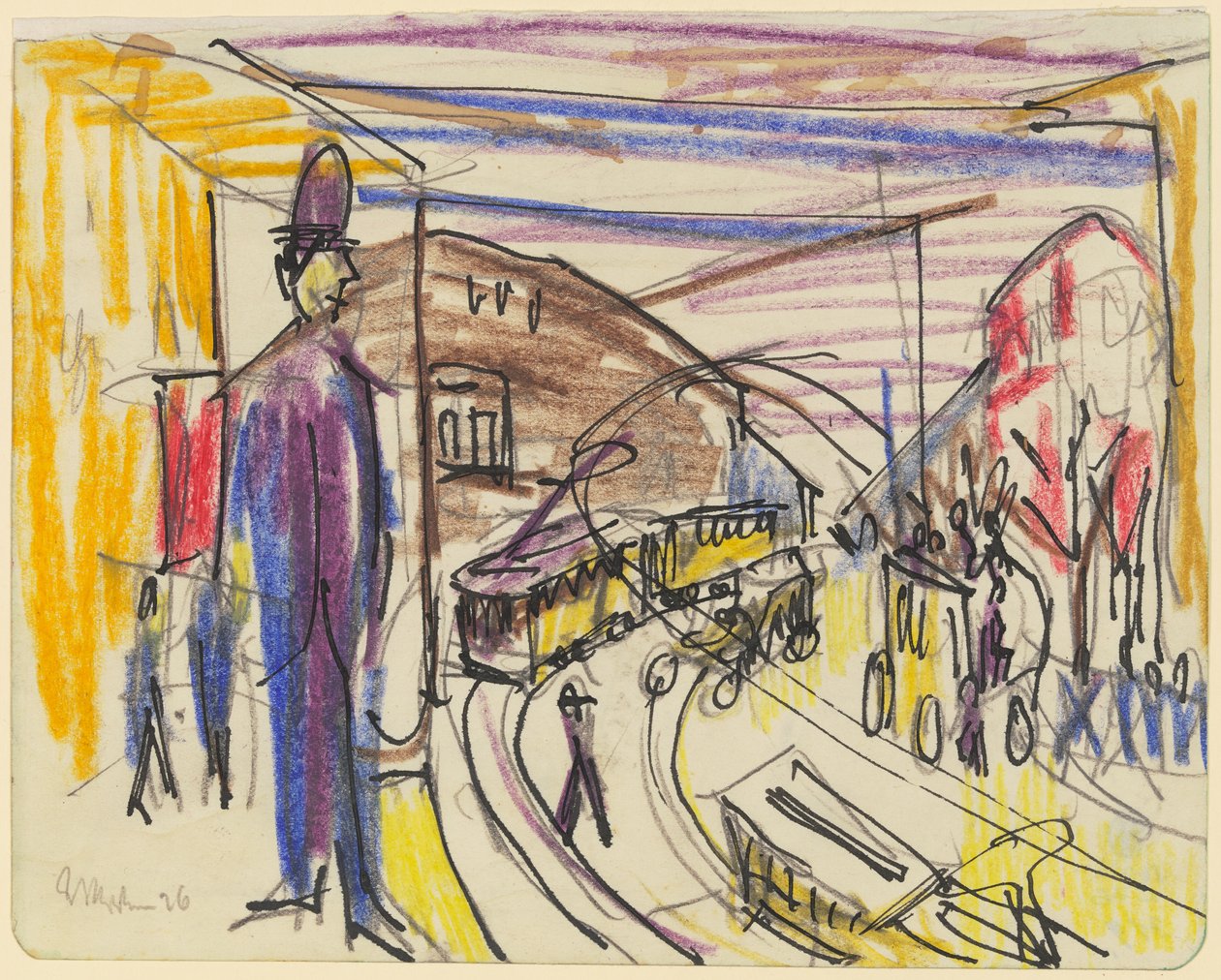 Stadsweg met trams door Ernst Ludwig Kirchner