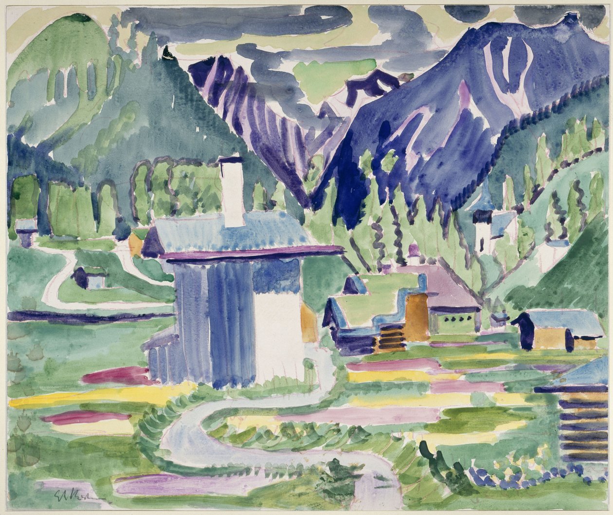 Huizen in Islen, met uitzicht op de kerk in Frauenkirch door Ernst Ludwig Kirchner