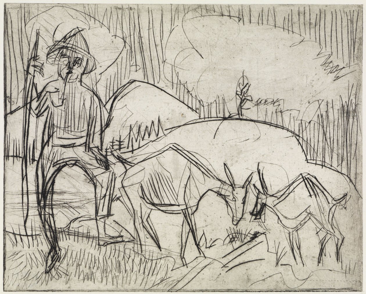Herder met geiten/Berghelling met mensen en geiten door Ernst Ludwig Kirchner