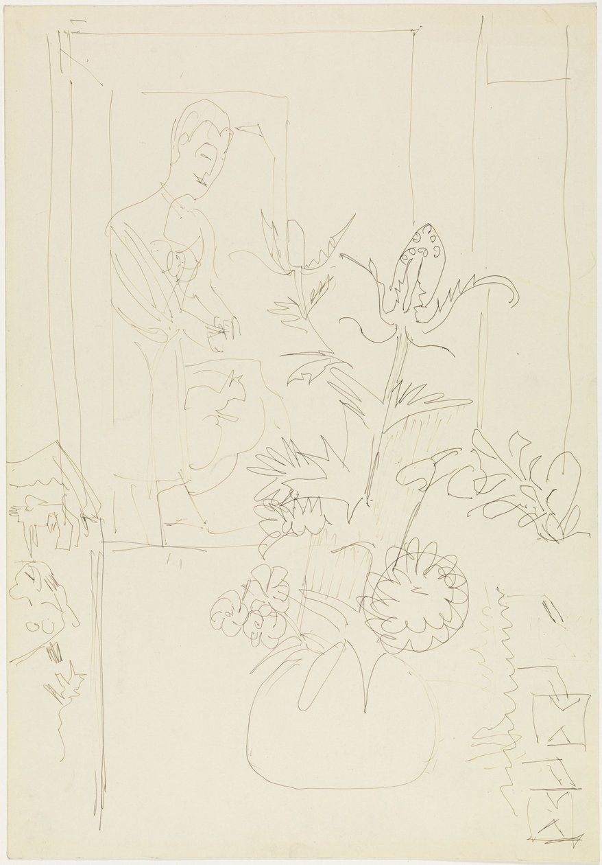 Interieur met bloemenvaas, vrouw en kat door Ernst Ludwig Kirchner