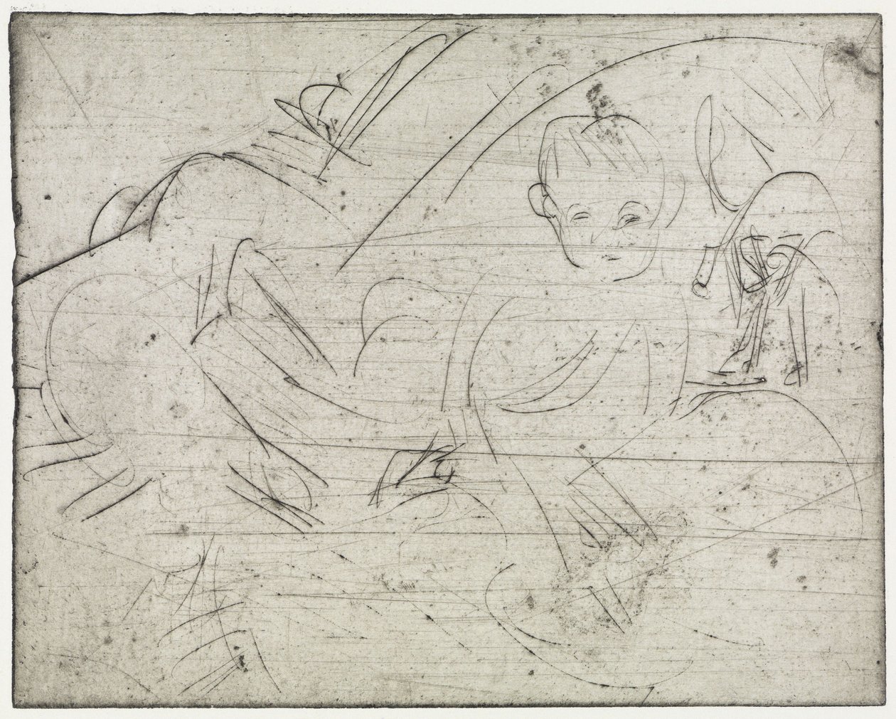 Kinderen met een Japanse parasol / Liggende jongen en kat door Ernst Ludwig Kirchner