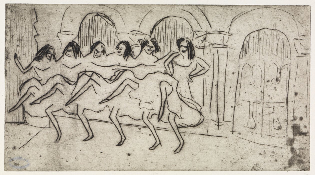 Lotte ligt op kussens / Zes danseressen voor een boogdecor – Engels ensemble door Ernst Ludwig Kirchner
