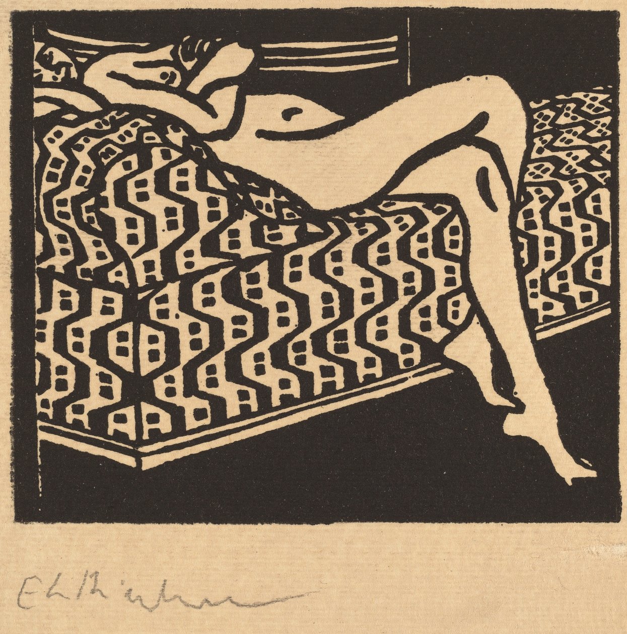 Naakt Meisje Liggend op een Bank door Ernst Ludwig Kirchner