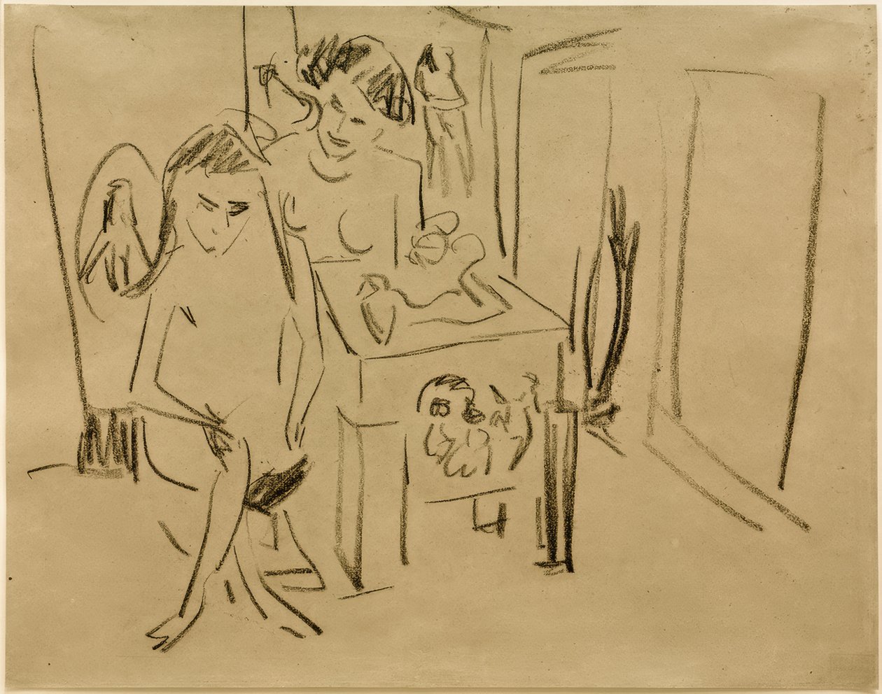 Zonder Titel (Dodo en Fränzi in het Atelier) door Ernst Ludwig Kirchner