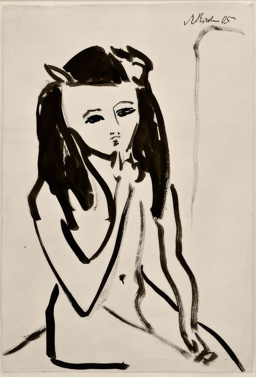 Zonder Titel (Fränzi als naakt, hand aan de kin) door Ernst Ludwig Kirchner