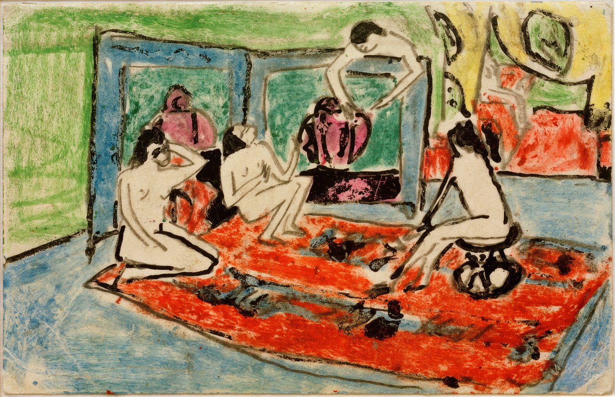Ansichtkaart aan Maschka Mueller van 17.02.1911 (Vier vrouwelijke naakten in het atelier) door Ernst Ludwig Kirchner