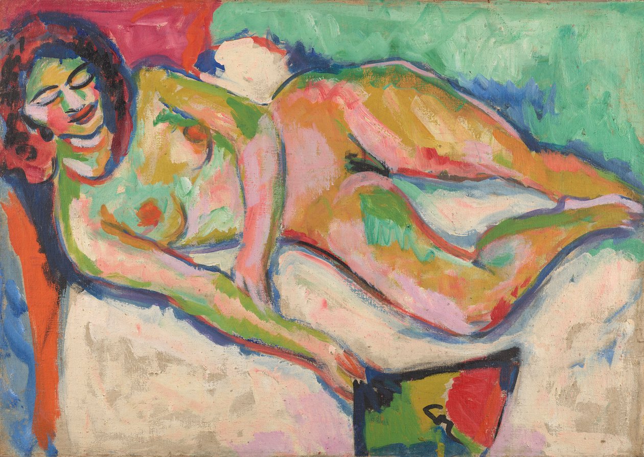 Liggend naakt met ventilator door Ernst Ludwig Kirchner