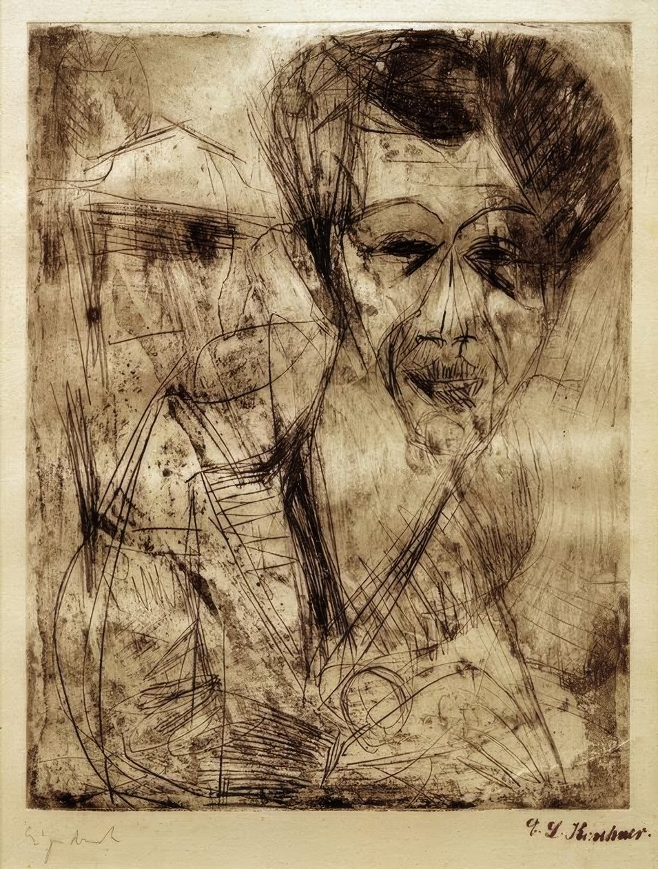 Zelfportret (tekenend) door Ernst Ludwig Kirchner