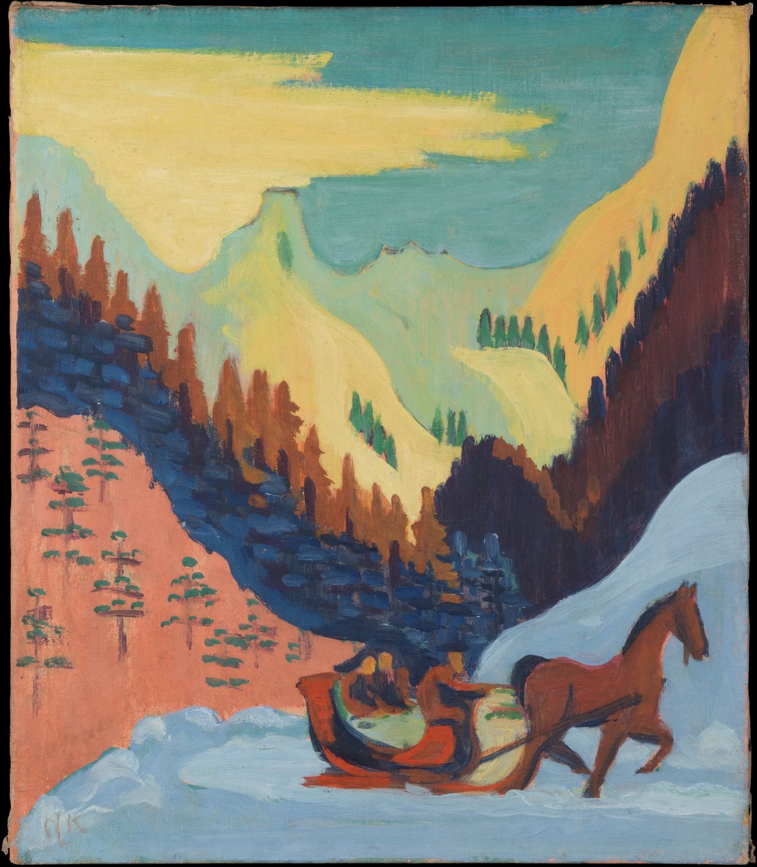 Sleeën in de sneeuw door Ernst Ludwig Kirchner