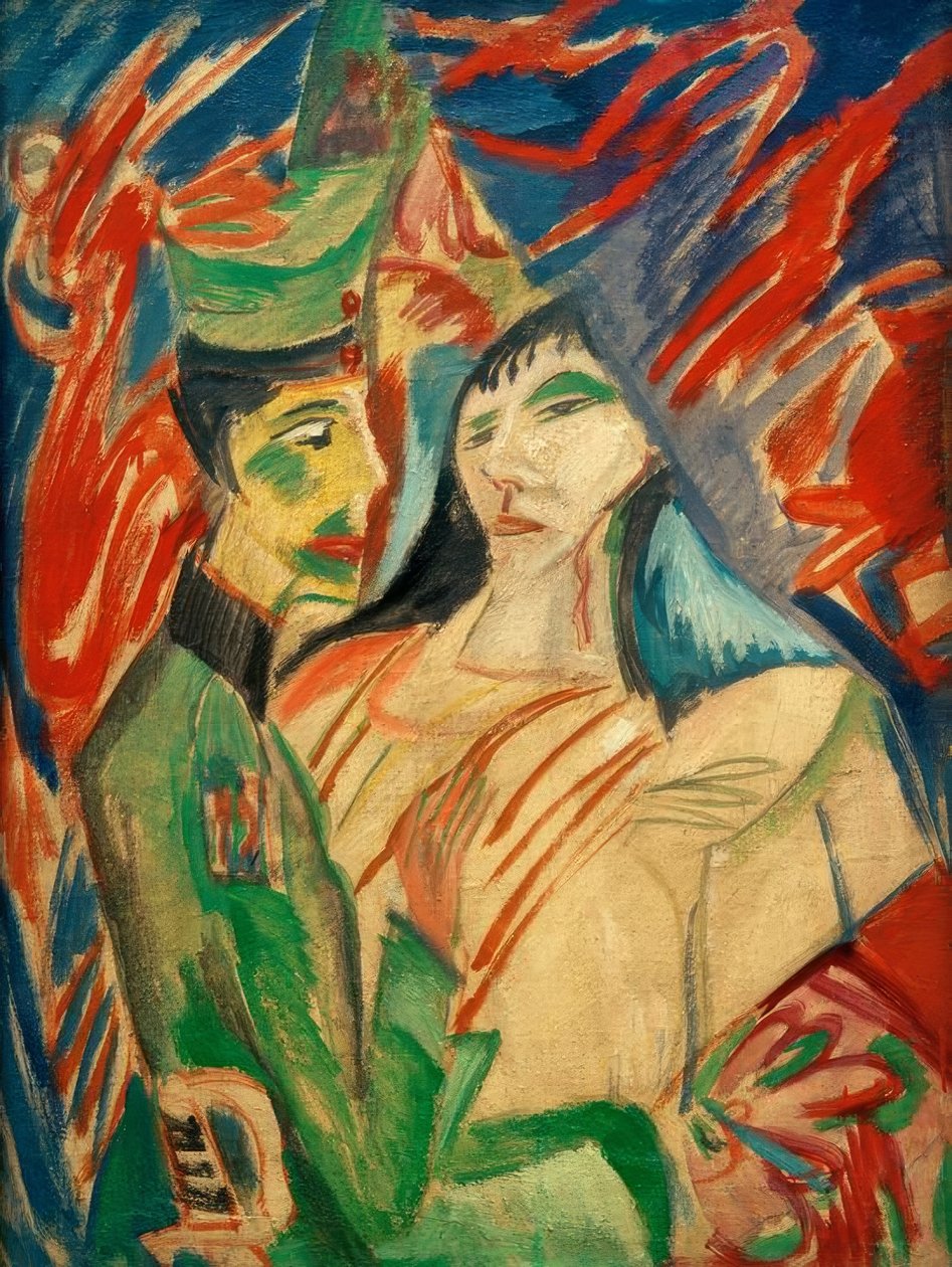 Soldaat en meisje tussen kleurrijke gordijnen door Ernst Ludwig Kirchner