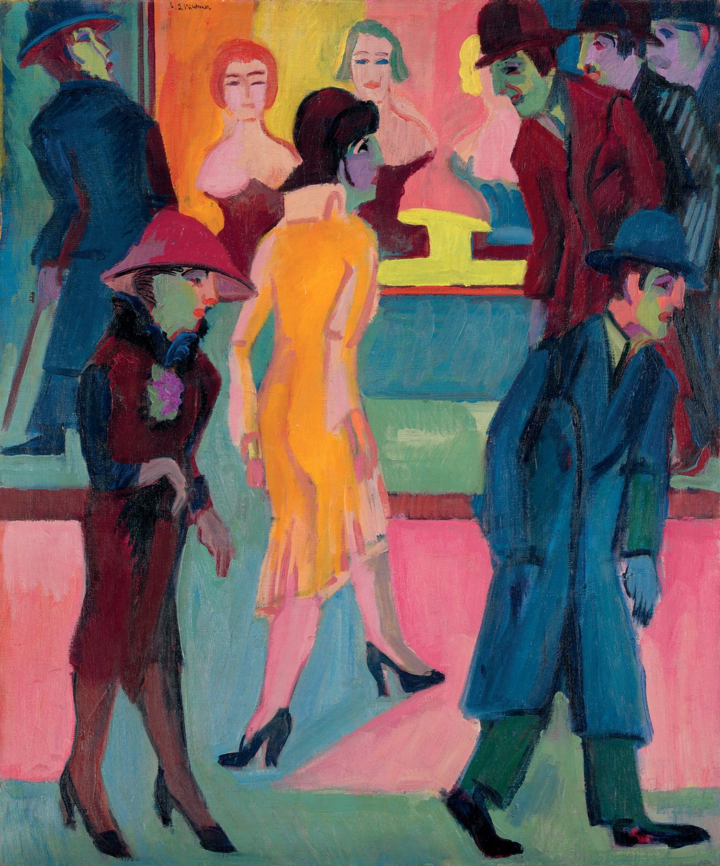 Straatscène bij de kapperszaak, 1926 door Ernst Ludwig Kirchner