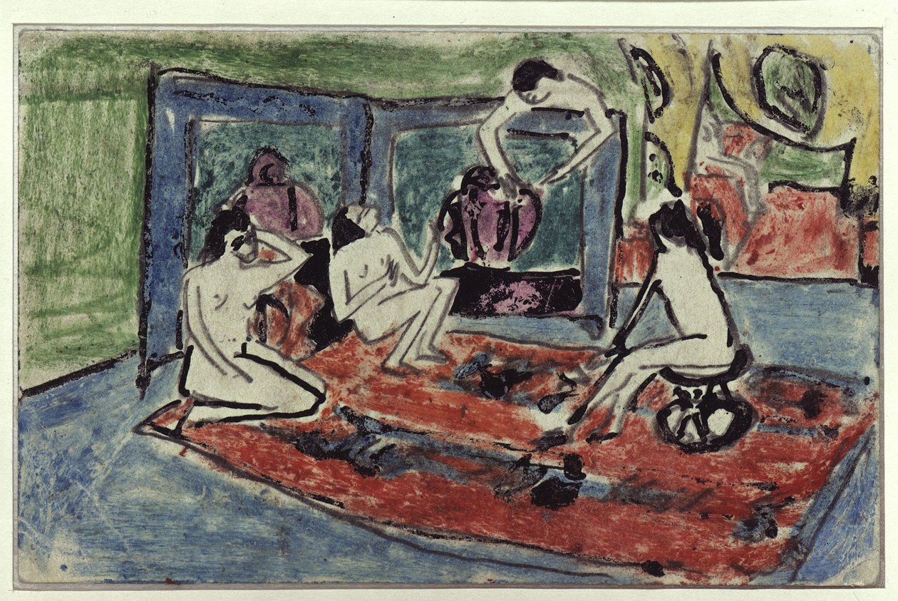 Vier naakten in het atelier (ansichtkaart aan Maschka Müller) door Ernst Ludwig Kirchner