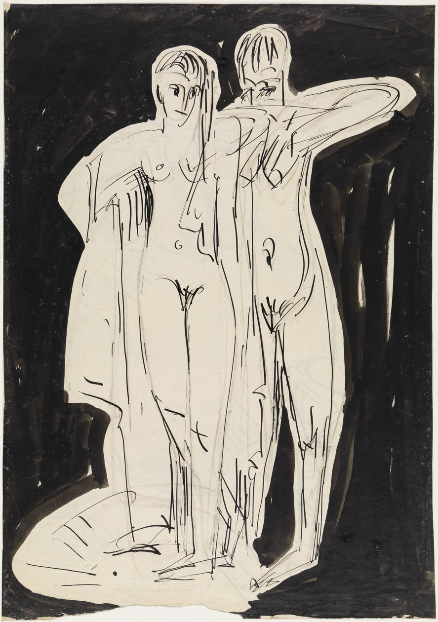 Twee staande naakten die zich afdrogen door Ernst Ludwig Kirchner