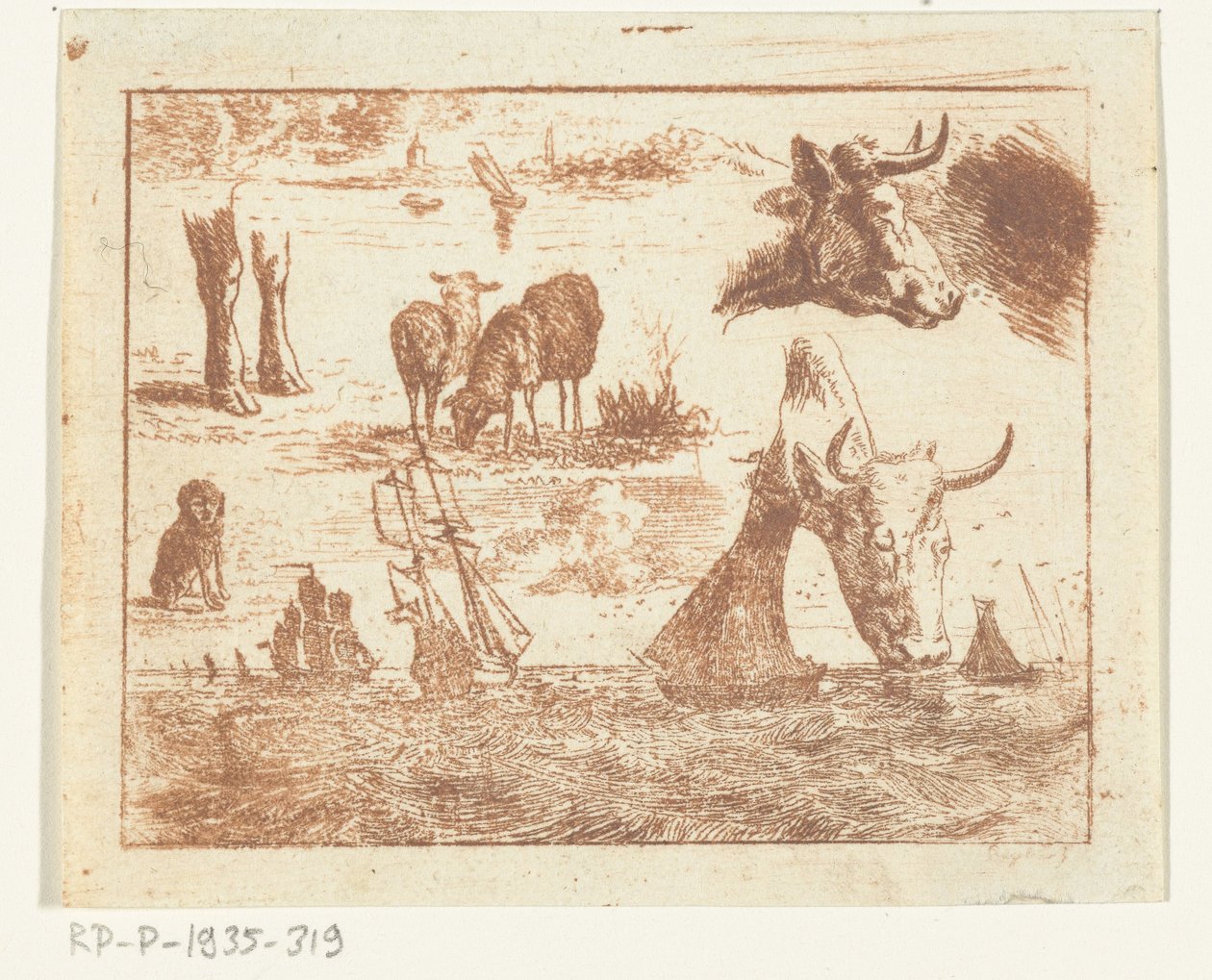 Studieblad met een zeegezicht, twee koeienkoppen, schapen, een hond en twee poten door Ernst Willem Jan Bagelaar