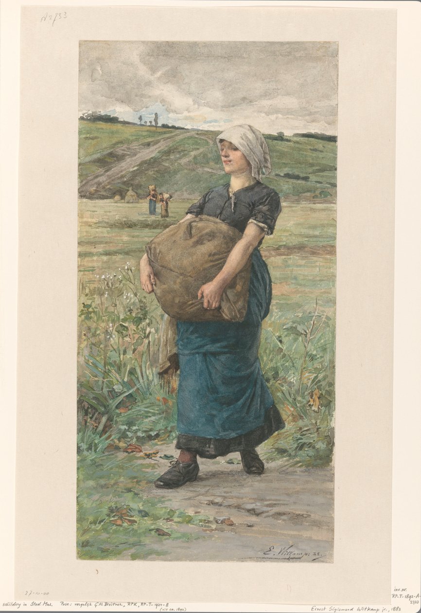 Lopende vrouw met zware zak door Ernst Witkamp (signed by artist)