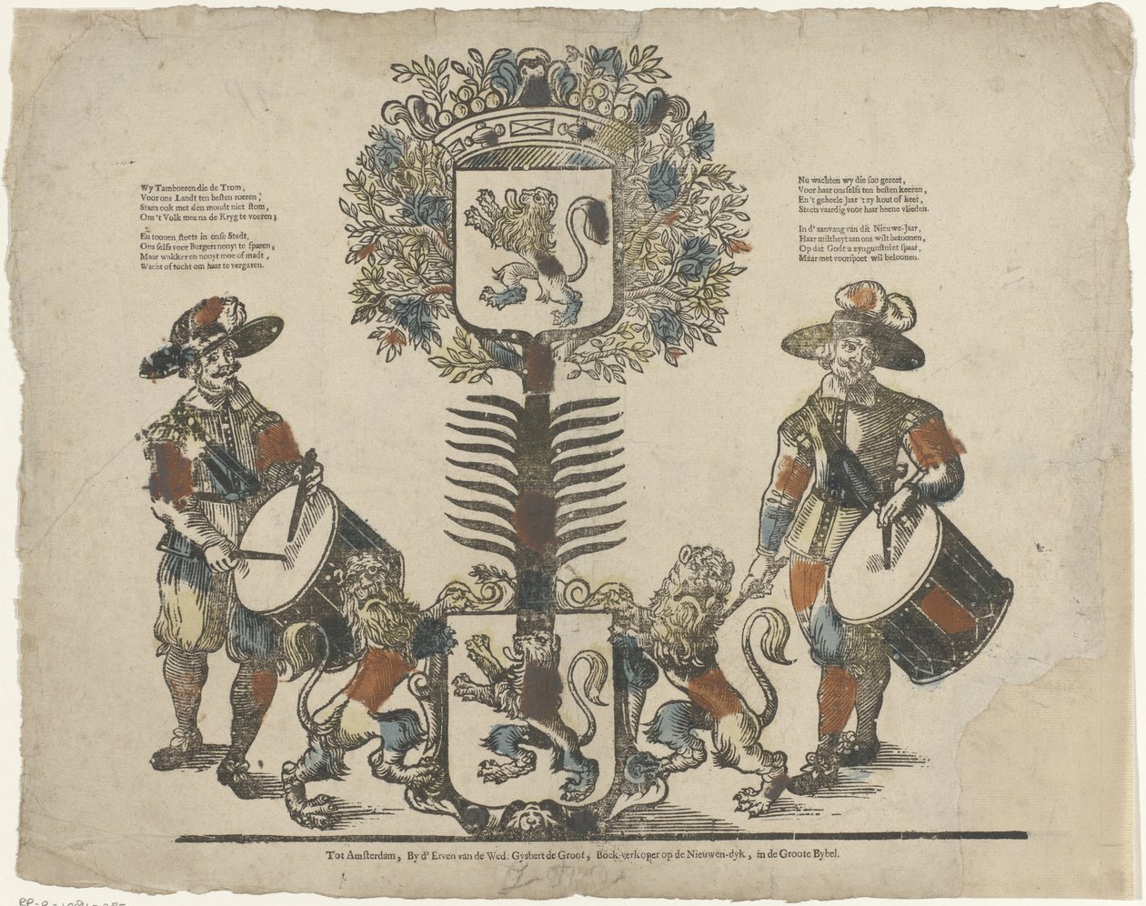 Boom met twee wapenschilden, aan elke zijde een tamboer door Erven Weduwe Gijsbert de Groot