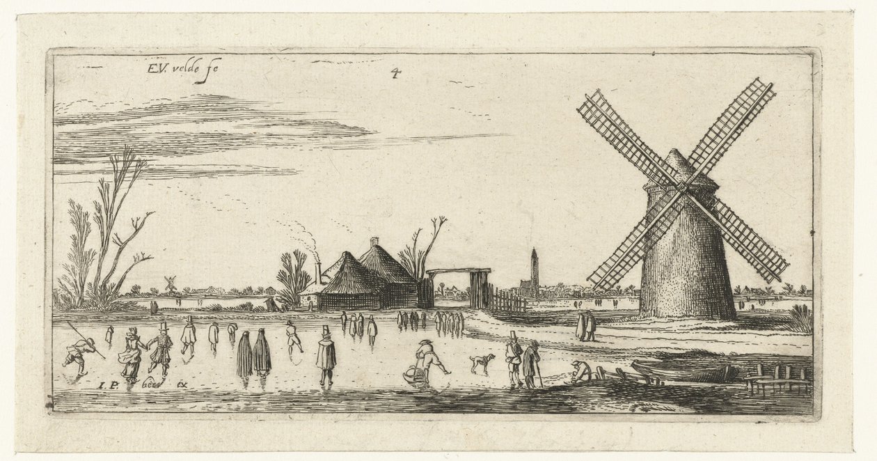 Schaatsers op het ijs bij een molen in de buurt van Penningsveer door Esaias van de Velde