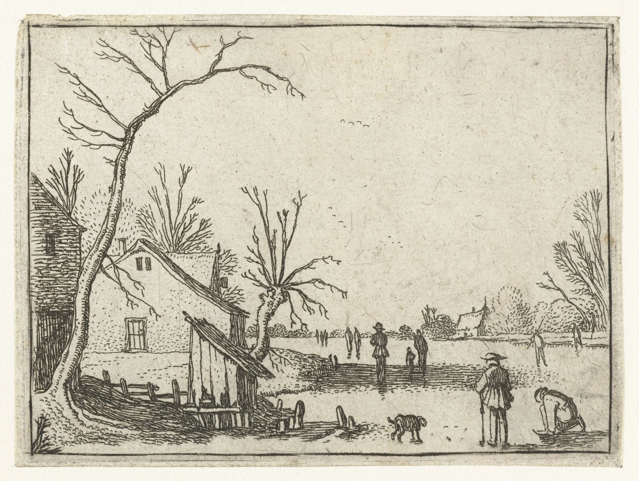 Boerderij bij bevroren rivier en schaatsers op het ijs door Esaias van de Velde