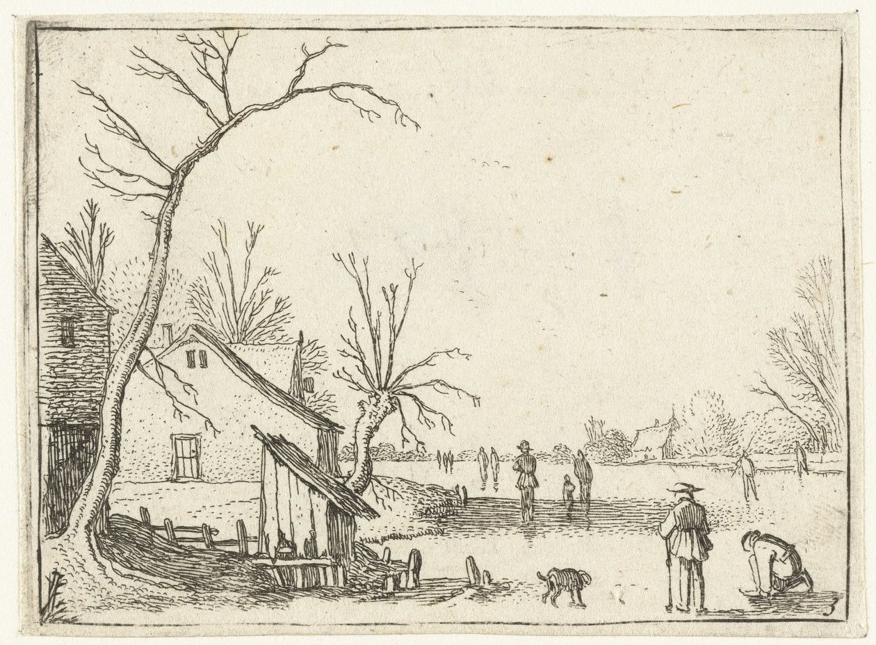 Boerderij bij bevroren rivier en schaatsers op het ijs door Esaias van de Velde