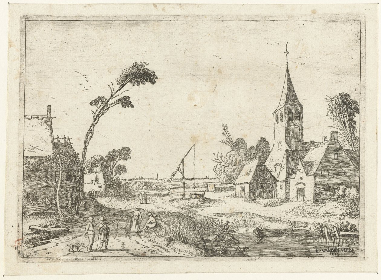 Dorpsgezicht met boerderijen, kerk en waterput door Esaias van de Velde
