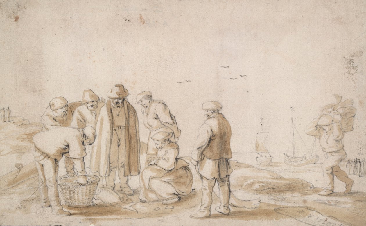 Vismarktlui op het strand door Esaias van de Velde