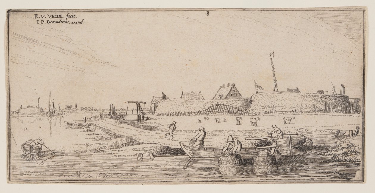 Vissers in roeiboten voor een ommuurde stad, uit Landschappen door Esaias van de Velde