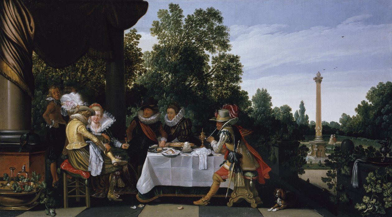 Vrolijk gezelschap op een tuinterras door Esaias van de Velde