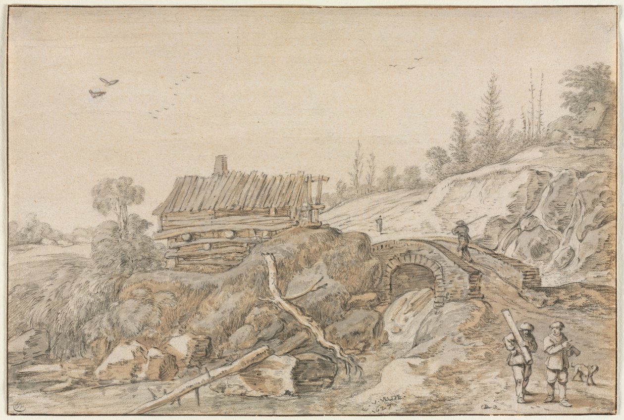 Heuvelachtig landschap met hut naast een stroom door Esaias van de Velde