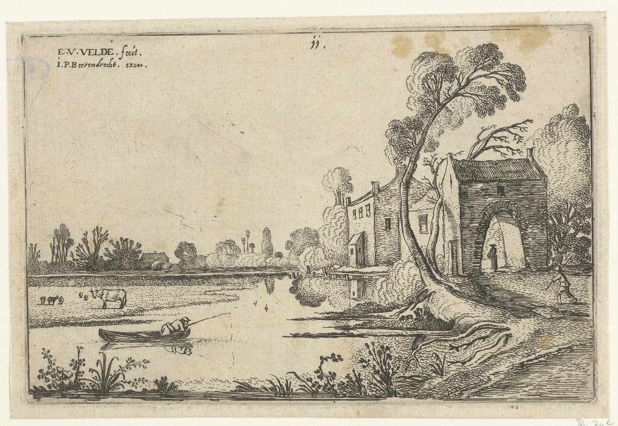 Landschap met een rivier en poortgebouw door Esaias van de Velde