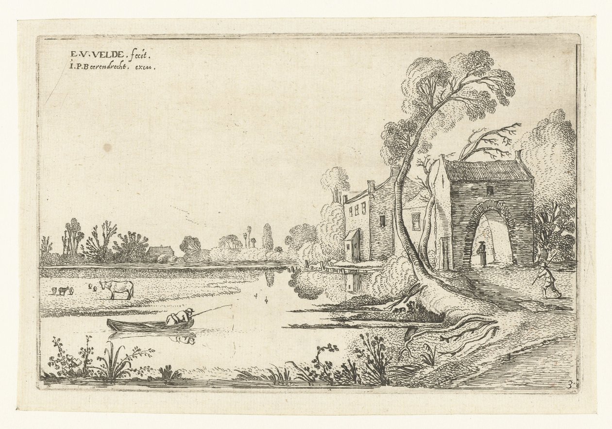 Landschap met een rivier en poortgebouw door Esaias van de Velde