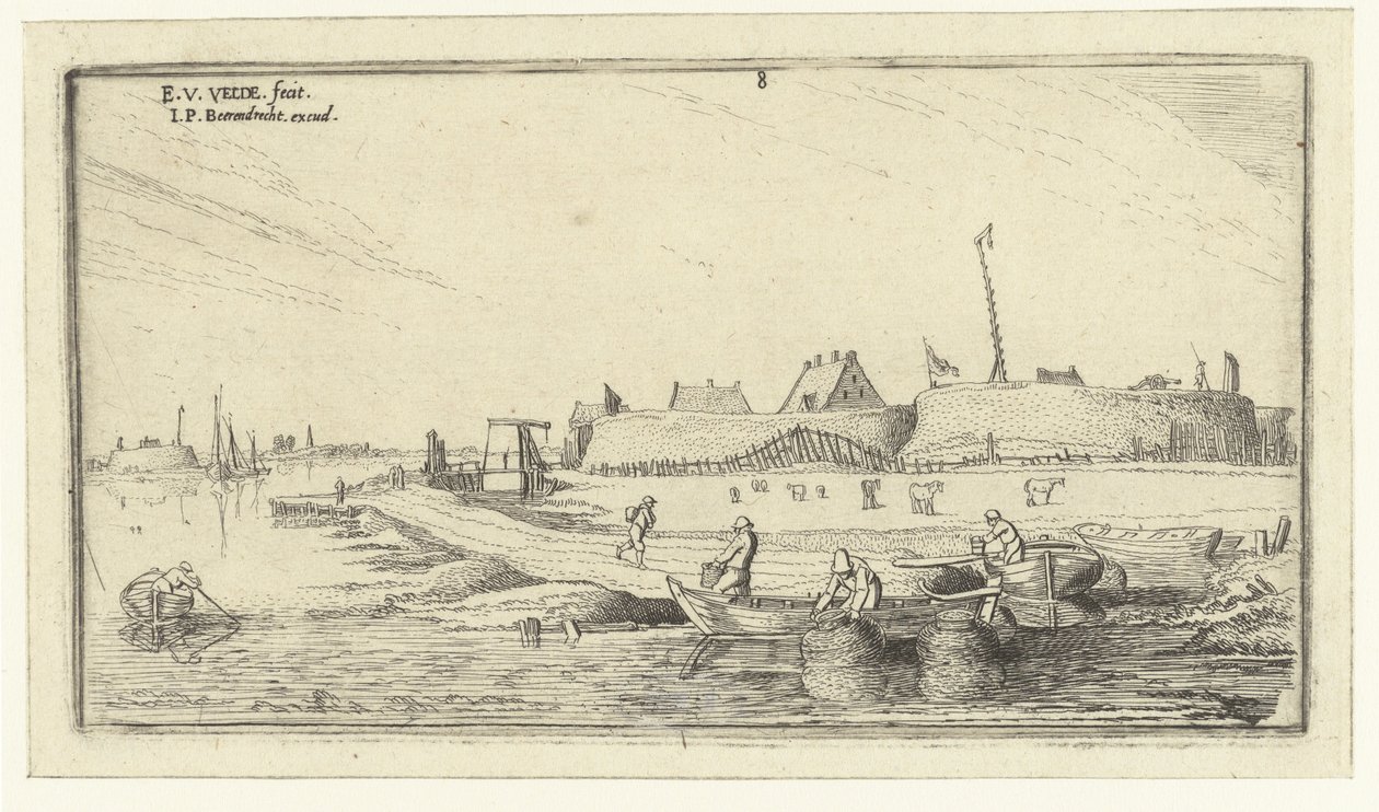 Roeiboten met vissers voor een fort aan de Schelde door Esaias van de Velde