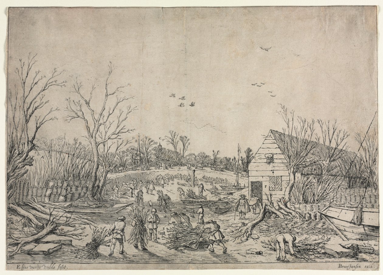 De Grote Overstroming van 10 Januari 1624 (of Reparatie van de Gebroken Dijk aan de Rivier Lek bij Vianen, 1624) door Esaias van de Velde