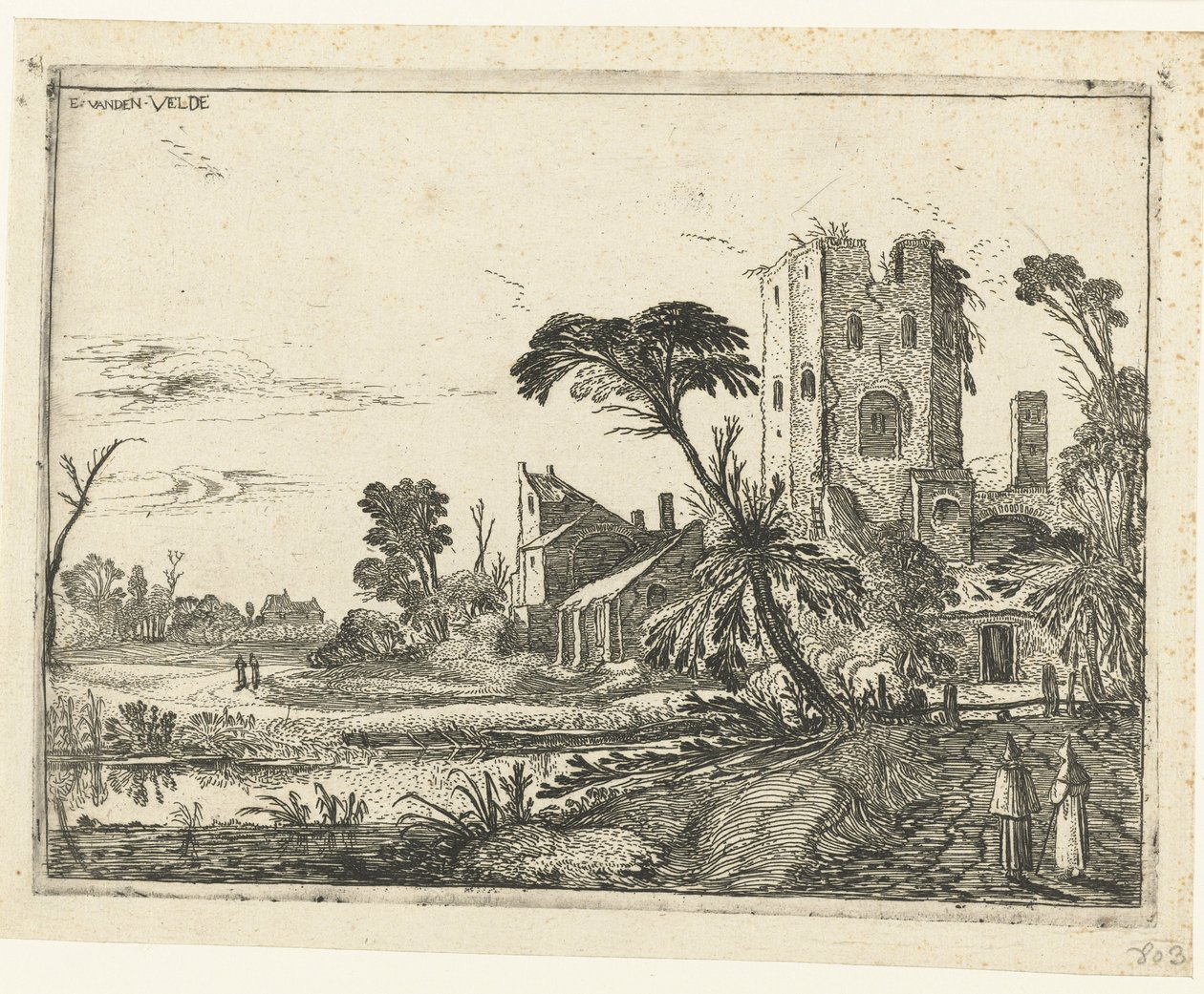 Twee monniken op een pad langs een vervallen toren door Esaias van de Velde