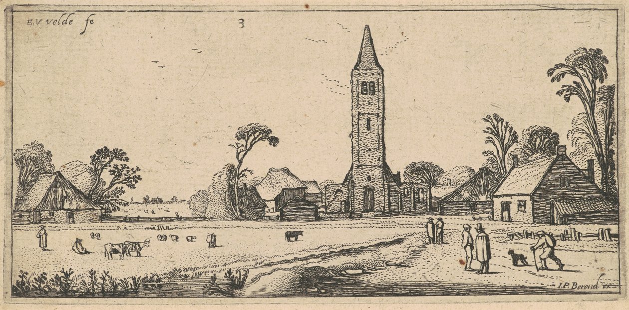 Landschap met een weide en een dorpskerk door Esaias van de Velde I