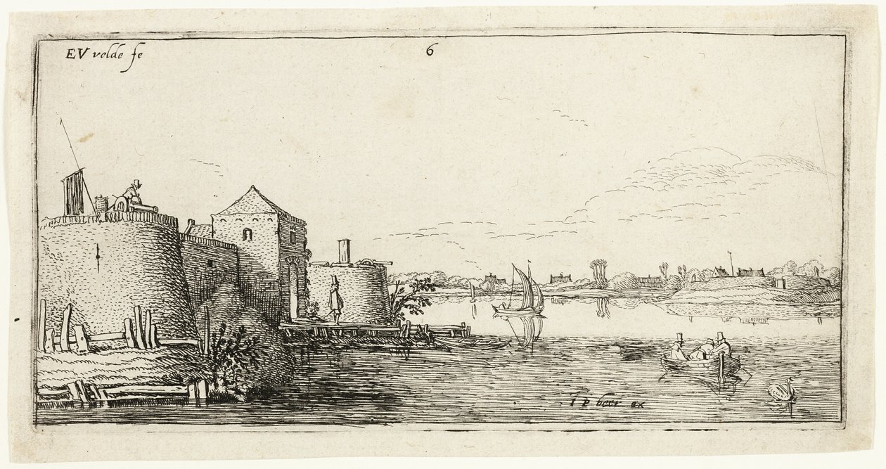 Tien landschappen: Ommuurde rivierstad links van een rivier door Esaias van den Velde I